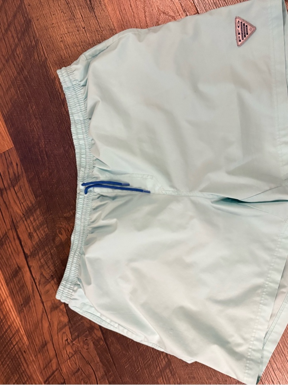 Men's Columbia PFG Light Aqua Athletic Shorts with Blue Drawstring